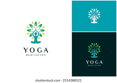 Woman Yoga Asana Meditation Silhouette Harmony Nature Flower Leaf Vector Logo Design Illustration