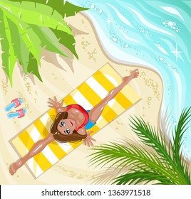 Woman in yoga asana on beach. Concept for vacation, holiday and travel. Summer sport. Woman doing yoga on the beach. Top View, vector illustration