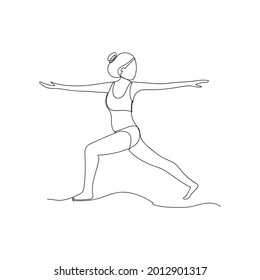 Woman in yoga asana salutation to the sun. Drawing with one continuous line. Yoga, sports, piltes, stretching. Vector black and white isolated drawing.