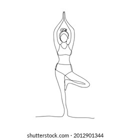 Woman in yoga asana tree. Drawing with one continuous line. Yoga, sports, piltes, stretching. Vector black and white isolated drawing.