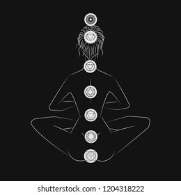 Woman yoga back silhouette  with chakras
