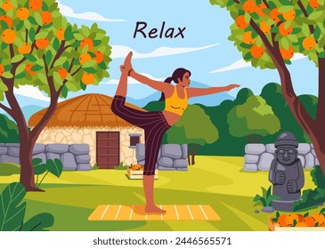 Mujer yoga en el patio trasero. Muchacha que se estira en el día soleado de la primavera o del verano. Árboles con naranjas cerca de la estatua de piedra. Vida activa y ocio al aire libre. Ilustración vectorial plana de dibujos animados