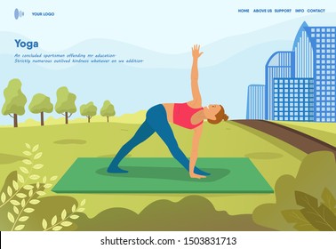 Woman іn yoga clothes doing yoga in big city park. Practices pose and breathing. With harmony with her body and thoughts. City silhouette in the background. Vector illustration of cartoon flat style.