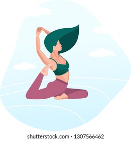 Woman yoga.  Girl with turquoise green hair stands in asana. one-legged king pigeon pose of hatha yoga. Vector illustration.