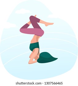Woman yoga.  Girl with turquoise green hair stands in asana. Headstand. Standing pose of hatha yoga. Vector illustration.
