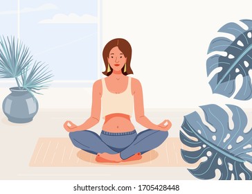 Woman yoga at home vector background illustration. Beautiful girl sit in yoga lotus pose. Happy relaxed black female character performing meditation exercise.