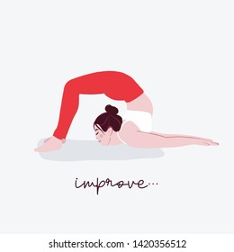 Woman yoga illustration with  typography Meditate.  Flat illustration  female sport quote. Exercise activity pose. Person  demonstrating various yoga positions Colorful flat vector drawing with text