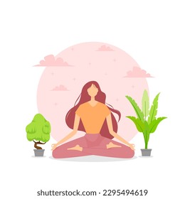 Frauen Yoga Lifestyle Meditation, entspannen, sitzen, Bonsai, Topfpflanzen, Pflanzen, still sitzen und Chillout auf weißem Hintergrund.