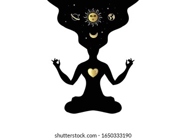 Woman yoga in a lotus pose with a starry sky, space or universe. For tarot reader, spiritual guidance, witchcraft, tatoo, t shirt .eps10