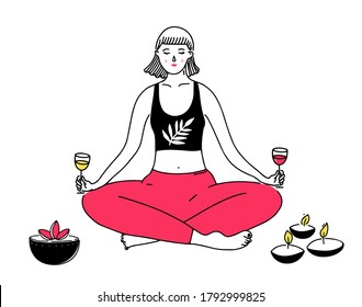 Mujer en posición de loto de yoga sosteniendo gafas de vino en ambas manos. Graciosa ilustración del equilibrio y alivio del estrés. Dibujo de la línea del perro de una niña meditadora y velas