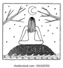 Woman in Yoga lotus position for meditation. For the logo yoga studio, postcards, and adult coloring book
