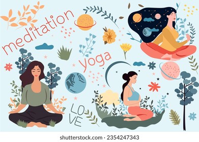 Woman in yoga lotus posture finding peace through meditation in outdoor. Concept for yoga, stress relief, leisure activities, and maintaining well being, relaxation. Vector illustration