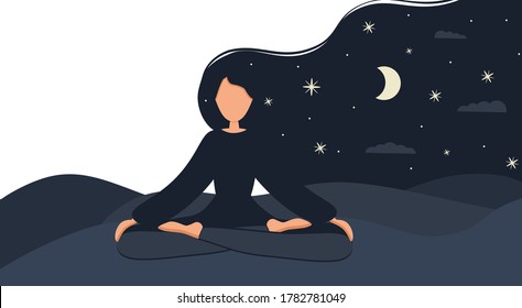 Woman in yoga lotus practices meditation at night outdoor. Nature background with moon. Banner, card or landing page template. Vector illustration in flat style. Young woman meditating