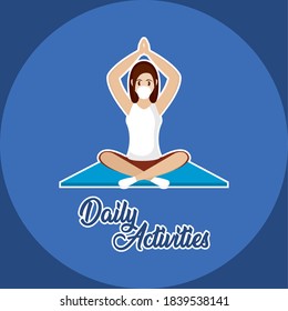 Woman yoga with mask coronavirus protection logo- Vector