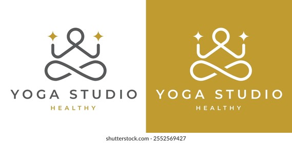 Woman Yoga Meditation Elegant Logo Design Template. Vintage Female Figure in Meditation Icon for Wellness Label Branding. Yoga Studio Wellness Health Spa Meditation Vector Illustration