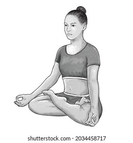 woman yoga meditation engraved drawing illustration