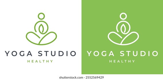 Woman Yoga Meditation Logo Design Template. Simple Female Figure in Meditation with Green Nature Icon for Wellness Label Branding. Yoga Studio Wellness Health Spa Meditation Vector Illustration