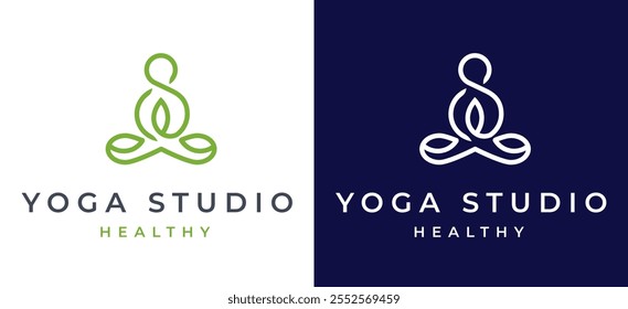 Woman Yoga Meditation Logo Design Template. Simple Female Figure in Meditation with Green Leaf Nature Icon for Wellness Label Branding. Yoga Studio Wellness Health Spa Meditation Vector Illustration