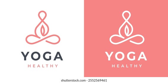 Woman Yoga Meditation Logo Design Template. Simple Female Figure in Meditation with Green Nature Icon for Wellness Label Branding. Yoga Studio Wellness Health Spa Meditation Vector Illustration