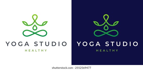 Woman Yoga Meditation Logo Design Template. Simple Female Figure in Meditation with Green Leaf Nature Icon for Wellness Label Branding. Yoga Studio Wellness Health Spa Meditation Vector Illustration