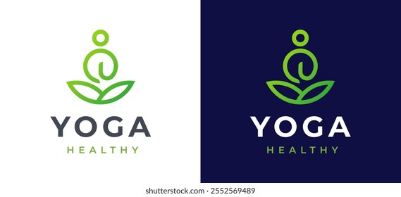 Woman Yoga Meditation Logo Design Template. Simple Female Figure in Meditation with Green Nature Icon for Wellness Label Branding. Yoga Studio Wellness Health Spa Meditation Vector Illustration