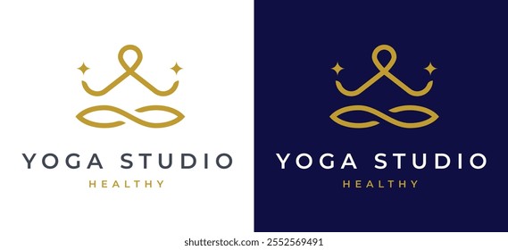 Woman Yoga Meditation Logo Design Template. Simple Female Figure in Meditation with Green Nature Icon for Wellness Label Branding. Yoga Studio Wellness Health Spa Meditation Vector Illustration