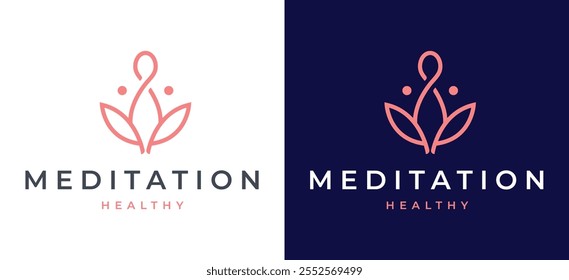 Woman Yoga Meditation Logo Design Template. Simple Female Figure in Meditation with Green Nature Icon for Wellness Label Branding. Yoga Studio Wellness Health Spa Meditation Vector Illustration