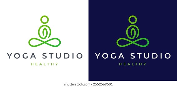 Woman Yoga Meditation Logo Design Template. Simple Female Figure in Meditation with Green Nature Icon for Wellness Label Branding. Yoga Studio Wellness Health Spa Meditation Vector Illustration