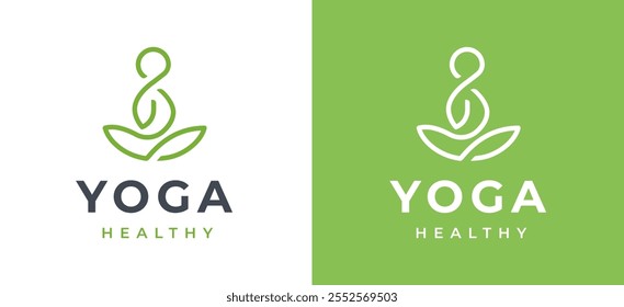 Woman Yoga Meditation Logo Design Template. Simple Female Figure in Meditation with Green Nature Icon for Wellness Label Branding. Yoga Studio Wellness Health Spa Meditation Vector Illustration