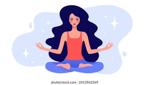 Woman in yoga meditation pose. Beautiful woman sitting in yoga lotus meditation pose, relax, breath on white background. Cute woman doing exercise, practicing yoga, lifestyle. Vector illustration