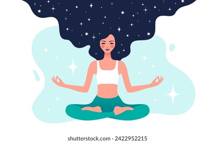 Mujer en la posada de meditación de yoga. Hermosa mujer sentada en yoga lotus meditación pose, relájate, respira sobre fondo blanco. Una mujer muy amable, ejercicio, practicar yoga, estilo de vida. Ilustración del vector