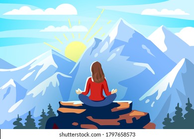 Woman and yoga meditation and retreat in the mountains Delight from the conquest of the peak Landscape of the valley Relax Rest Recreation Vector illustration 