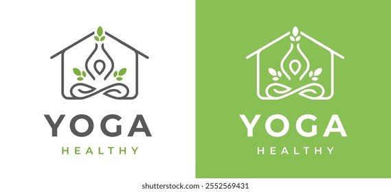 Woman Yoga Meditation Studio Logo Design. Simple Female Figure Meditation with Home Icon for Wellness and Balance Branding. Yoga Studio Wellness Health Spa Meditation Vector Illustration