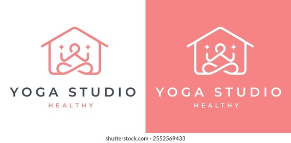 Woman Yoga Meditation Studio Logo Design. Simple Female Figure Meditation with Home Icon for Wellness and Balance Branding. Yoga Studio Wellness Health Spa Meditation Vector Illustration