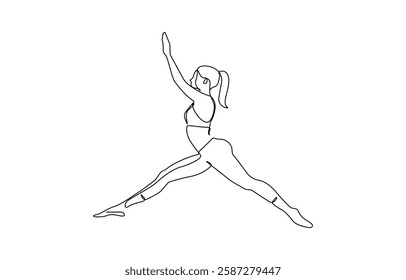 Woman Yoga Minimalist One Line Drawing. Woman Yoga Pose Line Art Trendy Illustration, Continuous one line drawing of beautiful female yoga pose character. woman doing yoga exercise.