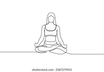 Woman Yoga Minimalist One Line Drawing. Woman Yoga Pose Line Art Trendy Illustration, Continuous one line drawing of beautiful female yoga pose character. woman doing yoga exercise.