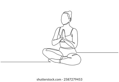 Woman Yoga Minimalist One Line Drawing. Woman Yoga Pose Line Art Trendy Illustration, Continuous one line drawing of beautiful female yoga pose character. woman doing yoga exercise.