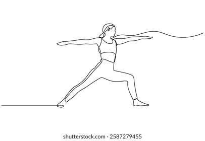 Woman Yoga Minimalist One Line Drawing. Woman Yoga Pose Line Art Trendy Illustration, Continuous one line drawing of beautiful female yoga pose character. woman doing yoga exercise.