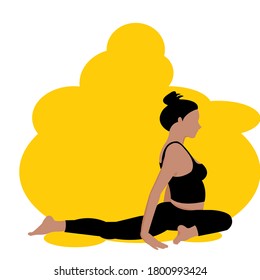 Woman in Yoga with pigeon Pose.  Lady with hair tie home workout body positive. Cartoon Vector isolate on Yellow background. Idea concept for healthy,Zen, Logo,Fitness healthy lifestyle
