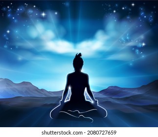 A woman in a yoga or Pilates pose in silhouette with the sunrise behind her background concept