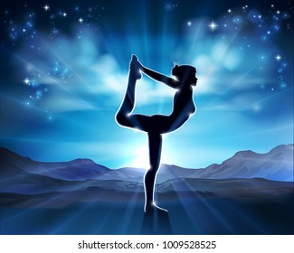 A woman in a yoga or Pilates posture in silhouette with the sunrise behind her background concept