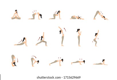 woman yoga pose for back pain relief 
 flat cartoon character design set