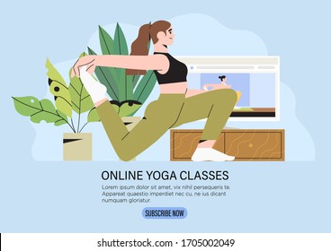 Woman in yoga pose doing exersice watching video online on computor at home during isolation. Concept of online lessons or yoga studio classes with instructor for banner, social media post or add.