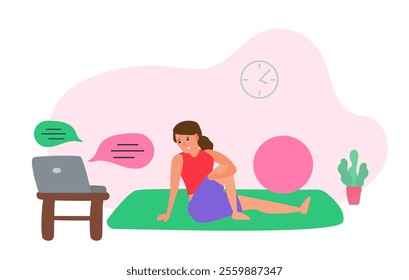 woman in yoga pose doing stretching exercise at home using laptop online training vector illustration