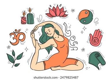 Woman in yoga pose in doodle style vector isolated. Illustration of a female character doing yoga exercise and different symbols around. Candles, yin and yang, exercise mat. Active lifestyle.