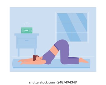 Woman in yoga pose, exercising and relieving stress at home. Character design. Vector flat illustration