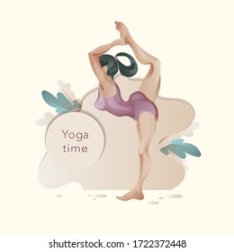 Woman in yoga pose. Fitness and healthy lifestyle at home. Digital painting. Flat vector style.