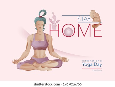 Woman in yoga pose. Yoga at home. Abstract pink background.