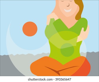Woman in Yoga pose, hugging herself, at peace with the world