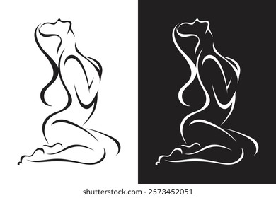 Woman Yoga Pose Line Drawing, Minimalist linear female figure, curved woman body line art illustration, Black silhouette beautiful lady, simple stylized lines vector illustration,